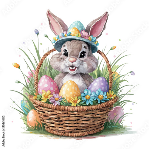 Easter bunny with a basket of eggs, ready for the hunt