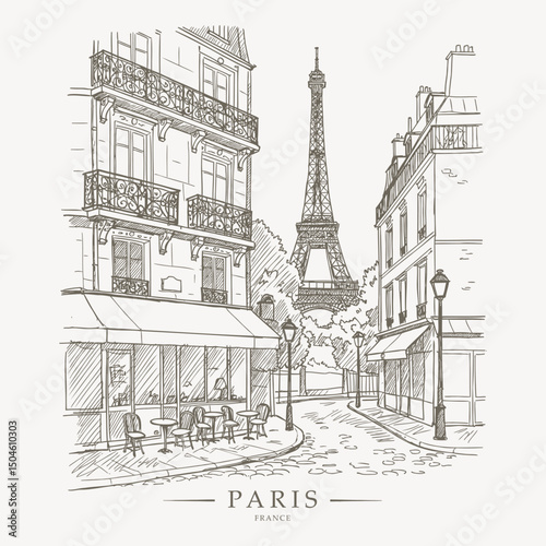 Artistic line drawing of a Parisian alleyway leading towards the recognizable Eiffel Tower