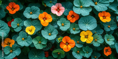 Nasturtiums blooming abundantly with aphids infesting sacrificial trap crops in a vibrant garden setting