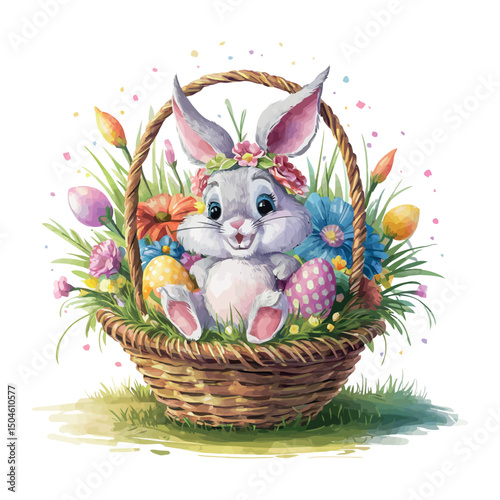 Cute Easter bunny toy with a basket of colorful eggs, perfect for spring holiday celebrations