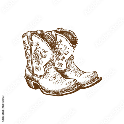 Wild West rodeo cowboy footwear ink vector clipart. Floral cowgirl boots in vintage western style.