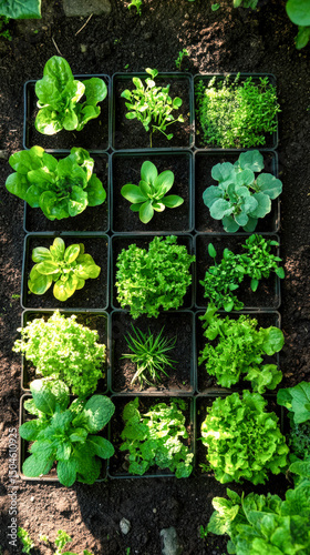 Square foot garden showcasing diverse crops of leafy greens and herbs in raised planting boxes in a sunny local garden