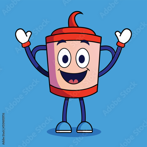 Cheerful cartoon coffee cup character with arms and legs smiling widely on a blue background