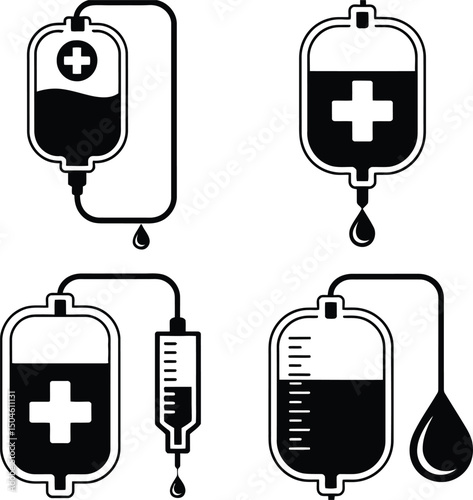Medical IV Bags and Syringe Icons Set