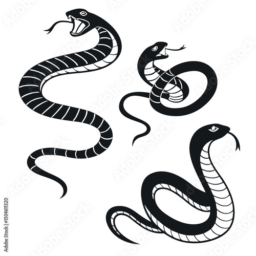 Black and white snake vector illustration featuring a cartoon cobra design, perfect as a reptile symbol or tattoo art
