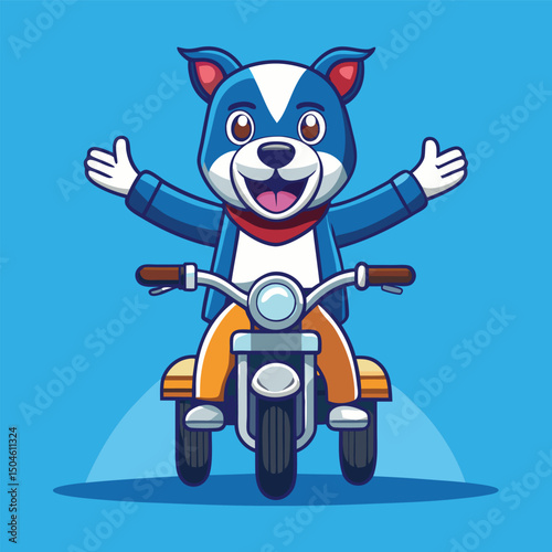 Cheerful cartoon dog character riding a motorcycle with happy expressions and open arms