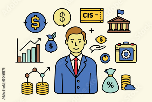 Cartoon vector illustration of business people icons with a businessman at a computer in the office, symbolizing work and money concepts