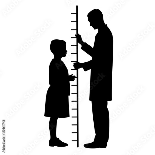 Doctor measuring child's height with growth chart, healthcare silhouette