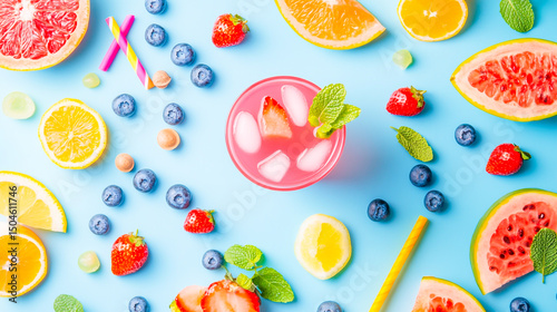 Picnic food top view summer snacks and beverages flat lay composition