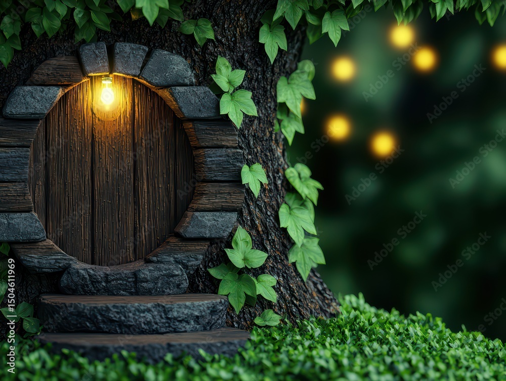 Naklejka premium Enchanted Tree Door with Glowing Light Surrounded by Green Leaves and Lush Grass in a Magical Forest Setting