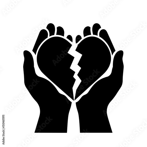 Hands holding broken heart, black silhouette of emotional healing