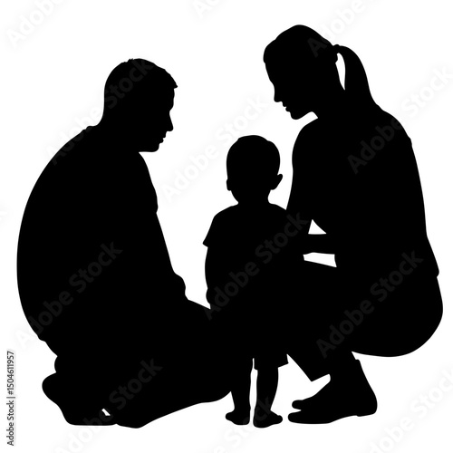 Parent comforting child with therapist watching, silhouette of family support