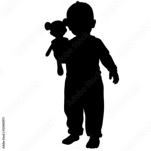 Toddler with fabric doll, silhouette of early childhood play