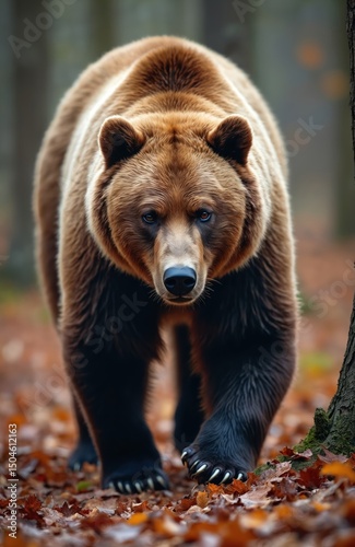 Close-up portrait brown bear walking in autumn forest. Powerful grizzly bear in natural habitat. Focus on the animal face, fur. Autumn leaves ground. Wildlife photo.