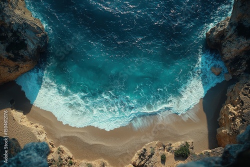 Waves crashing on serene beach coastal cliffs aerial view nature tranquil environment ocean beauty
