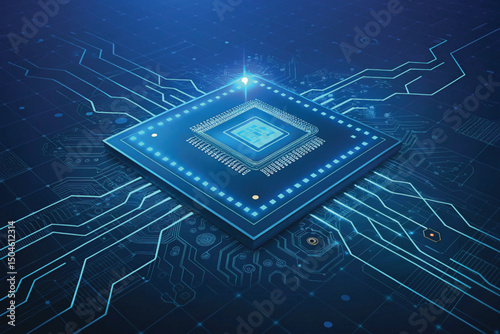 Blue futuristic electronic circuit board with a processor, representing digital technology and engineering