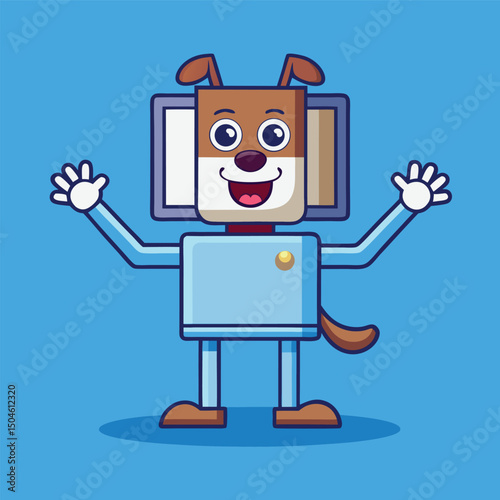 Cheerful cartoon robot dog waving hands on a vibrant blue background design