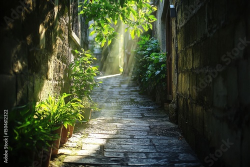 Exploring a serene pathway of nature urban alleyway photography lush greenery sunlight glimpse tranquility concept