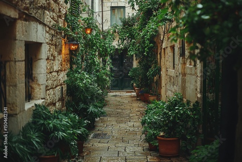 Exploring a serene garden pathway historic alley photo tranquil environment close-up view nature's beauty