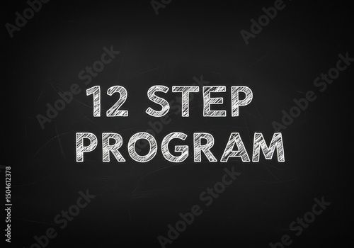 Wallpaper Mural Phrase "12 Step Program" written in white chalk on blackboard. Concept related to recovery, support systems, or personal development steps. Torontodigital.ca