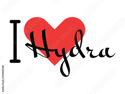 I love Hydra, city of Greece. Hand drawn letters with red heart. Vector illustration lettering, modern design