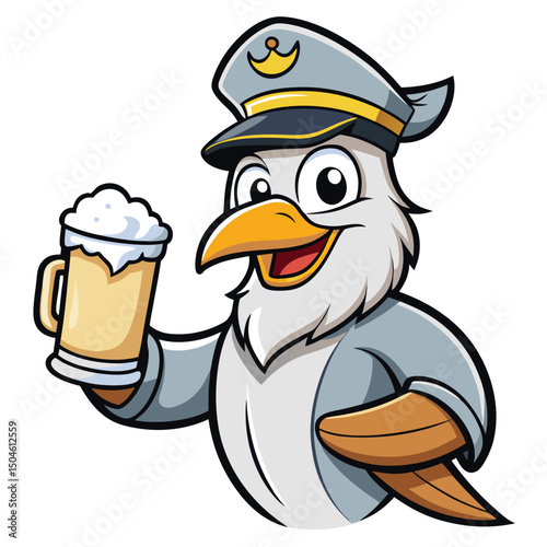 Cheerful cartoon seagull wearing a captain's hat holding a mug of frothy beer