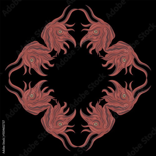 Geometrical frame with heads of fantastic demons or monsters. Medieval European illuminated manuscript design. Red ornament on black background.