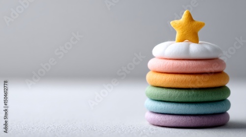 Colorful stacking toy with star topper on grey background, promoting early childhood development