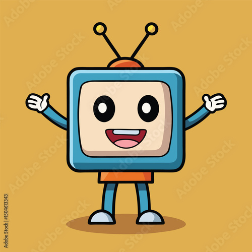 Cheerful cartoon television character smiling with antennae and upraised arms on yellow background