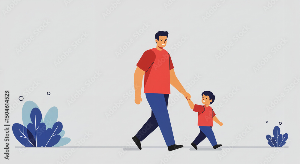 Fototapeta premium Happy father and son holding hands while walking in a playful outdoor environment 