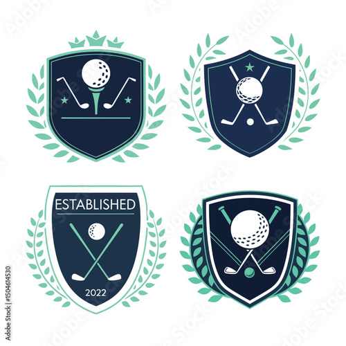 Golf Club Logo Set: Crests with Golf Balls, Clubs, and Laurel Wreaths.