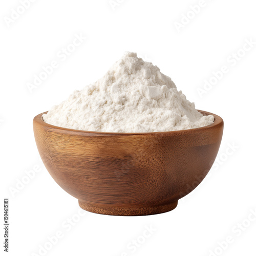 wooden bowl with white fine flour on transparent background