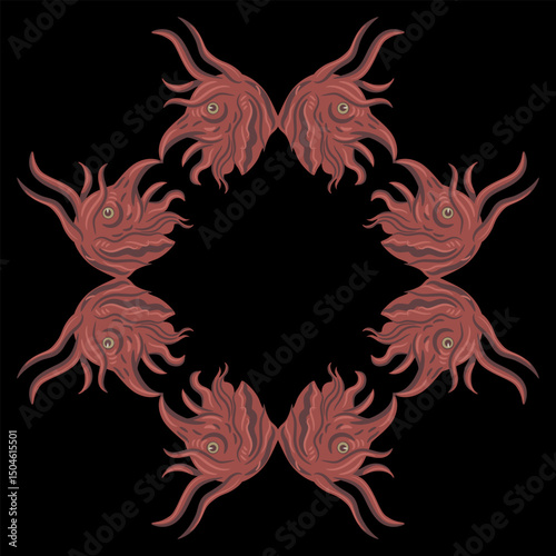 Geometrical frame with heads of fantastic demons or monsters. Medieval European illuminated manuscript design. Red ornament on black background.d