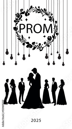 Silhouettes of prom graduates under hanging light bulbs, floral wreath with PROM 2025 text; black figures on white background in minimalist flat style