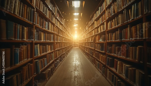 A long library aisle with wooden bookshelves containing many old books and lighting