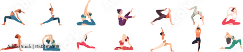 Set of  girls yoga poses,  fitness exercises, yoga positions.