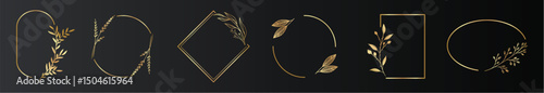 Set of various gold frames with leaves, golden luxury frames.
