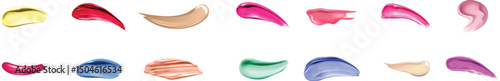 A bunch of colourful makeup brushes ( cosmetic makeup samples) arranged on a white background.