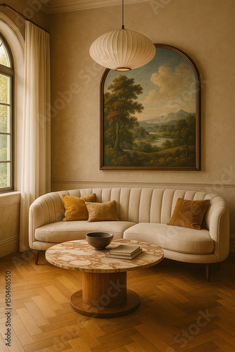 Neutral Living Room with Painting and Round Table