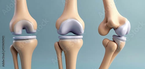 3D illustration knee joint replacement surgery showing pre-surgical, during, post-surgical states. Medical healthcare concept for medical education, anatomy, orthopedics. Joint operation. Artificial