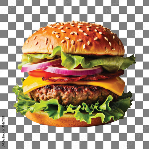 Delicious gourmet cheeseburger with fresh ingredients on sesame seed bun transparent background