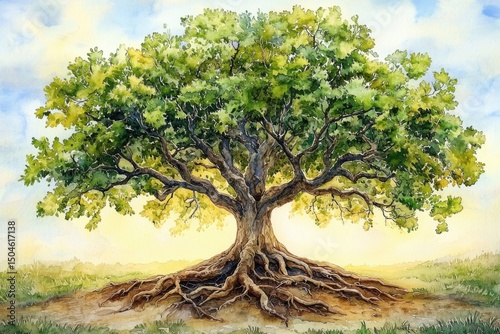 Majestic tree growing strong nature landscape watercolor art tranquil environment ground-level view growth concept
