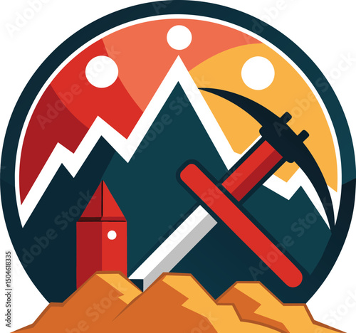 Mining Landscape Mountain and Pickaxe Industrial Icon