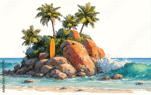 A picturesque tropical beach with swaying palm trees, crystal-clear turquoise sea, and golden sand invites summer vacation travel