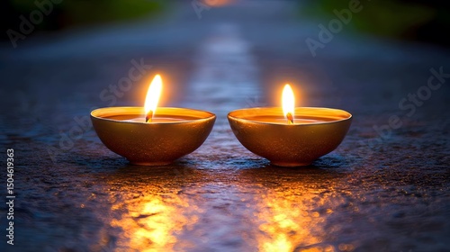Two Burning Candles Golden Bowls Peaceful Night