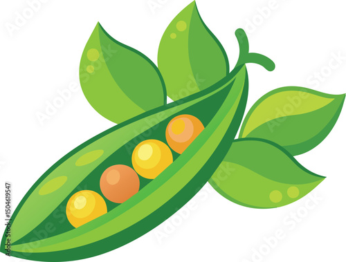 Fresh Green Peas in Pod with Leaves Illustration Vector
