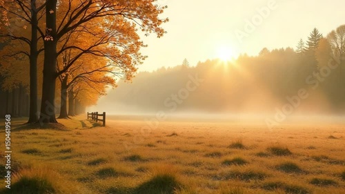 Misty Autumn Field with Trees and Soft Morning Fog – Cinematic Fall Landscape