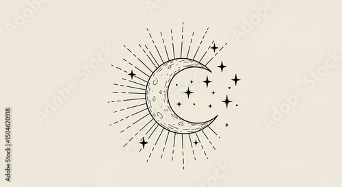 Line art of crescent moon and stars with sun rays, magical celestial theme, boho style, clean black ink on light background.