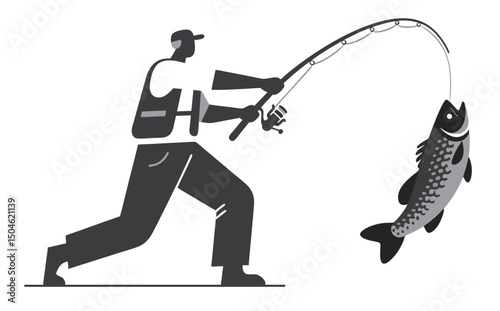 Black and white drawing showcasing a fisherman reeling in a fish, emphasizing the dynamic moment.
