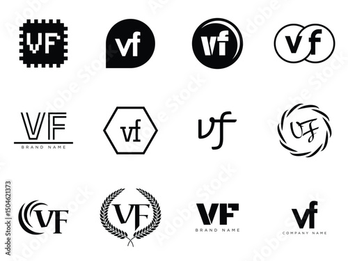 VF logo company template. Letter v and f logotype. Set different classic serif lettering and modern bold text with design elements. Initial font typography.